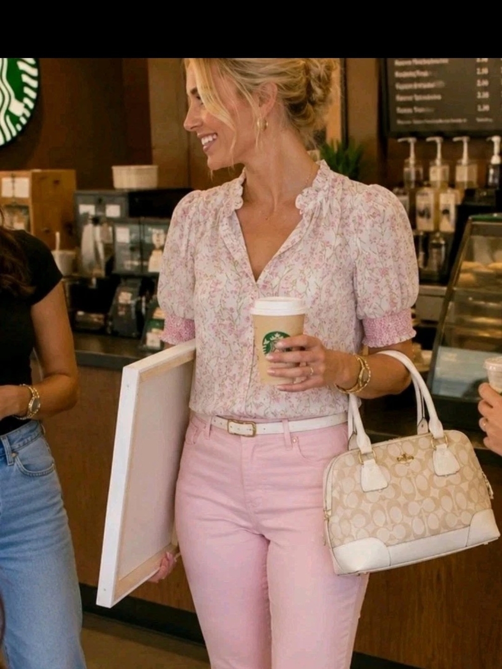 Light Pink Floral Ruffle V-Neck Puff-Sleeve Blouse